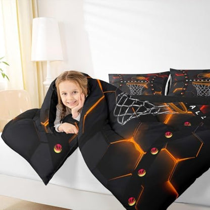 Teens Basketball Comforter Set Full Size,Geometric Honeycomb Bedding Set for Kids Boys Adult Bedroom Decoration,Red Yellow Neon Bed Duvet Insert,Basketball Games Comforter with 2 Pillowcase