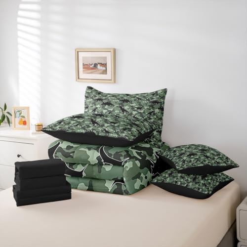 Feelyou Dinosaur 7 Piece Bedding Set Camouflage Print Comforter Set with Sheets for Kids Boys Girls Army Green Bed in a Bag Animal Theme Bed Set Soft Lightweight