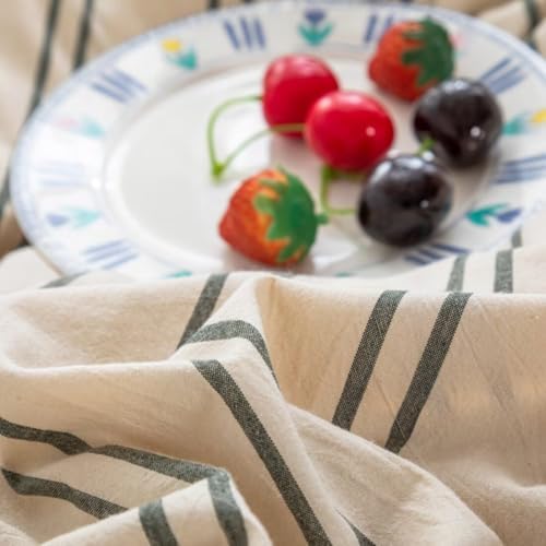 Mucalis Beige Duvet Cover King with Green Striped 100% Washed Cotton Duvet Cover Set Vintage 3 Piece Stripes Pattern Bedding Set with Zipper Closure Corner Ties,Durable,Breathable,Easy Care