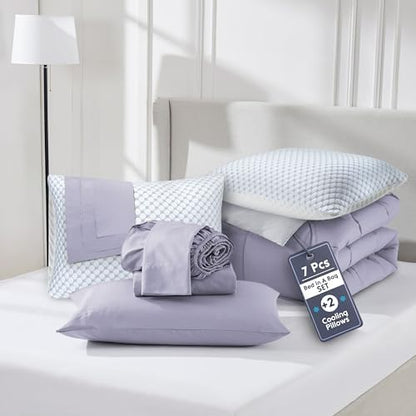 Nestl 9 Piece Queen Comforter Set – Grayish Purple Reversible Bed in a Bag – Complete Queen Size Bedding Set with Sheets, Set of 2 Cooling Pillows, Pillowcases and Shams