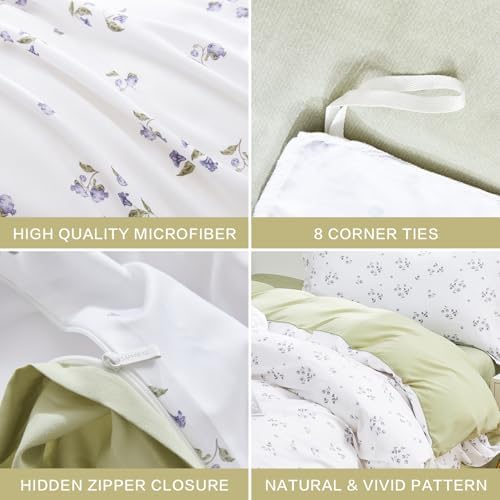 SAPHREAS King Duvet Cover White Cute Floral Bedding Set with 8 Corner Ties and 2 Pillow Shams Microfiber Reversible Duvet Cover Set with Zipper Closure?Green
