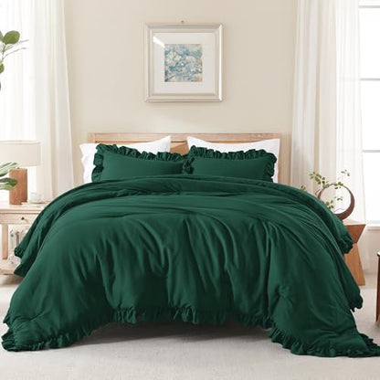 Andency Dark Green Comforter Set Full Size, 3 Pcs Solid Ruffle