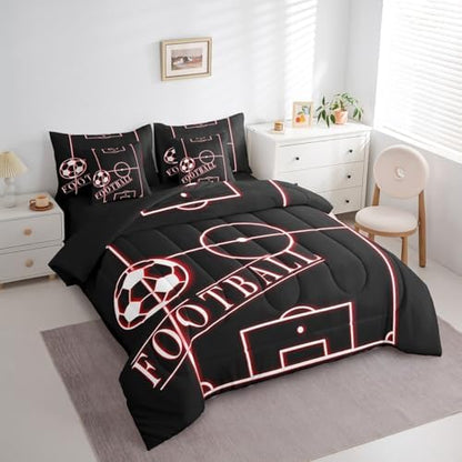 Erosebridal Sports Bedding Comforter Sets 7pcs for Toddler Boys Football Bed in a Bag, Neon Glowing Red Twin Bedding Sets Sport Theme Comforter Set, Black Red Bedding Sets & Collections Microfiber