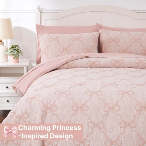 Queen Comforter Set with Sheets for Girls-7 Pieces Bow Bed in A Bag
