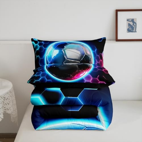 Erosebridal Boys Soccer Kids Bedding | Geometric Honeycomb Comforter Sets King,Colorful Neon Lights Comforter Hexagon Sports Gamer Duvet Insert with 2 Pillow Cases