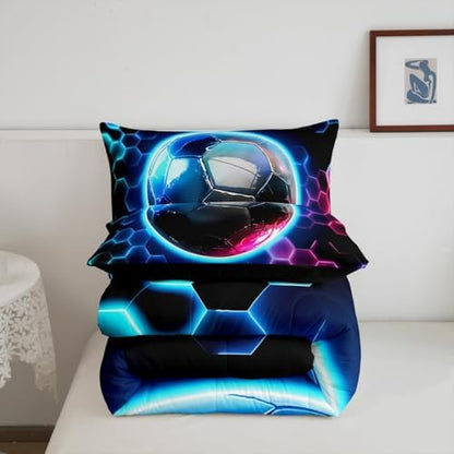 Erosebridal Boys Soccer Kids Bedding | Geometric Honeycomb Comforter Sets King,Colorful Neon Lights Comforter Hexagon Sports Gamer Duvet Insert with 2 Pillow Cases