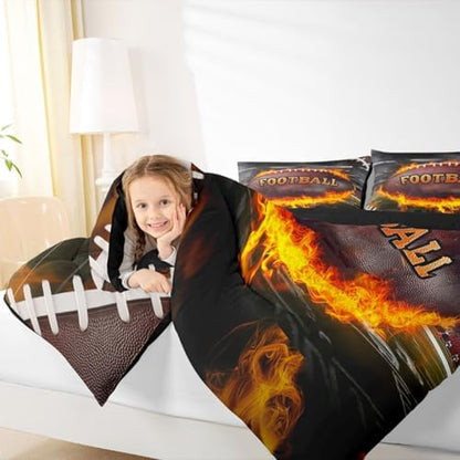 Castle Fairy Football Comforter Set King Size American Rugby Sports Bedding Set Kids Boys Teens Ball Gaming Theme All Season Quilt Set 3D Burning Flame Bedding Comforter Sets with 2 Pillowcases