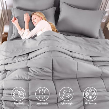 CozyLux King Size Comforter Set, 7-Piece Bed in a Bag, Grey