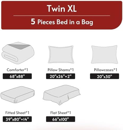 MUXHOMO 5 Pieces Twin XL Comforter Set, Reversible Bed in a Bag Twin XL Size, All Season Bedding Set with Comforter, Flat Sheet, Fitted Sheet, Pillowcases & Shams, Burnt Orange & Beige