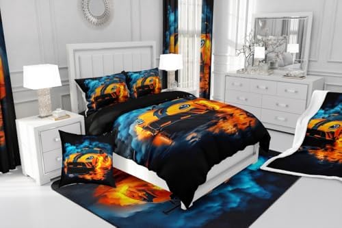 Kids Boys Race Car Comforter Set Queen Size,Orange Sports Car Bedding Sets for Teens Racing Cars Cool Sports Game Duvet Set Modern Race Cars Room Decor for Boys,Luxury Soft All Season,Black Blue