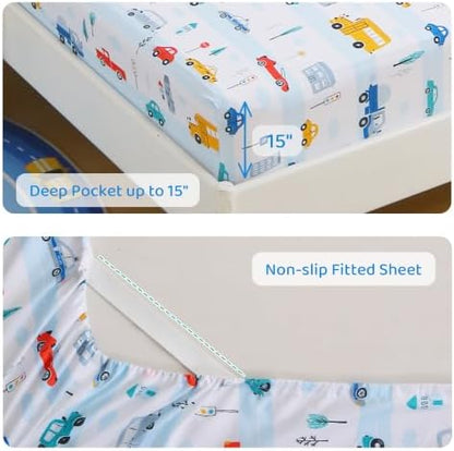 Viviland Kids Twin Bedding Sets, Boys Comforter, Deep Blue Traffic Cars