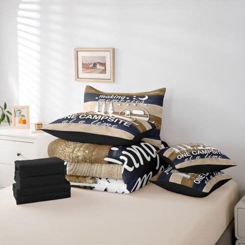 Erosebridal Comforter Set Full Size Camper Rv Camping 7 Pcs Bedding for Kids and Adults, Rustic Farmhouse Bed Sheet Sets Vintage Car Camper Accessories for Travel Trailers Bedroom Bed Decor