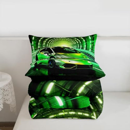 Feelyou Boys Race Car Kids Comforter Set Queen Size Speed Sports Bedding Set Racing Extreme Sports Duvet Quilt for Kids Boys Girls Bedroom Green Racing Car Decor Microfiber Ultra Soft Breathable