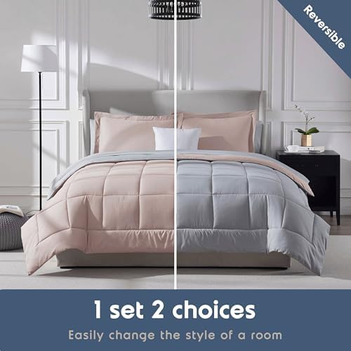Nestl 9 Piece Queen Comforter Set – Blush Pink Reversible Bed in a Bag – Complete Queen Size Bedding Set with Sheets, Set of 2 Down Alternative Pillows, Pillowcases and Shams