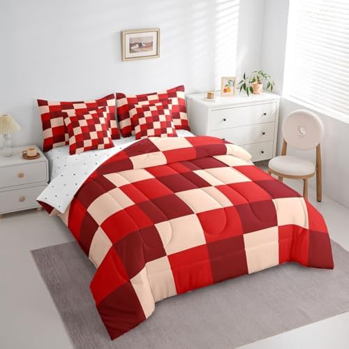 jejeloiu Red Bedding Set 7Pcs Full Size Kids Checkered Grid Comforter Set with Sheets for Boys Girls Classic Plaid Buffalo Check Bed in a Bag Soft Lightweight,Microfiber