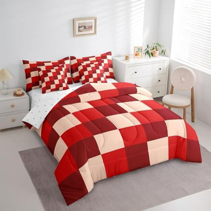 jejeloiu Red Bedding Set 7Pcs King Size Kids Checkered Grid Comforter Set with Sheets for Boys Girls Classic Plaid Buffalo Check Bed in a Bag Soft Lightweight,Microfiber