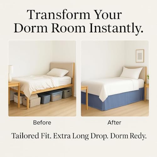 eBeddy Linens Split Corner Dorm Bed Skirt Twin XL – 32 Inch Drop, 100% Microfiber, Extra Long Bed Skirt for College Dorm, Platform Style, Lake Blue Solid, Hidden Storage Solution, Easy Fit
