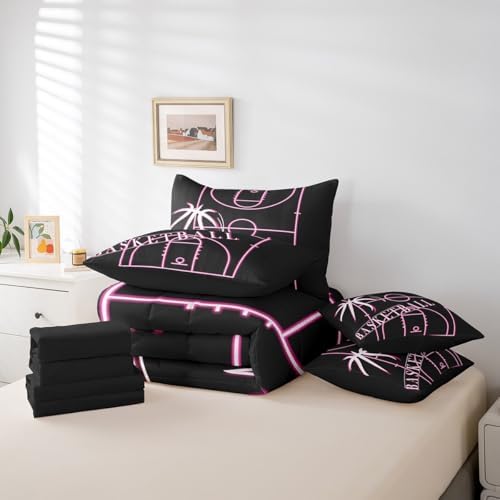 Erosebridal Kids Basketball Bed in a Bag 7-Piece for Girls Pink Bedding Set, Ball Gamer Full Size Comforter Set Sport Game Bedding Comforter Sets, Girly Basketball Court Bed Set (Black Reversible)