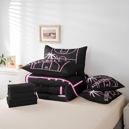 Erosebridal Kids Basketball King Comforter Set 7 Pieces for Girls Pink Bedding Comforter Sets, Ball Gamer Bed in a Bag Sport Game Bedding Set, Girly Basketball Court Bed Sheets Set (Black Reversible)