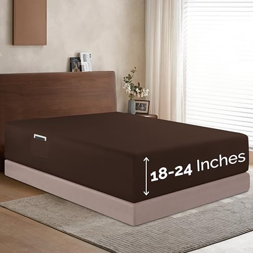 Elegant Comfort 1500 Premium Hotel Quality 18-24 Inches Deep - Extra Deep Pocket Single Fitted Sheet for High Mattress, Luxury and Softest, Smart Pocket - Wrinkle Free, Queen, Chocolate Brown