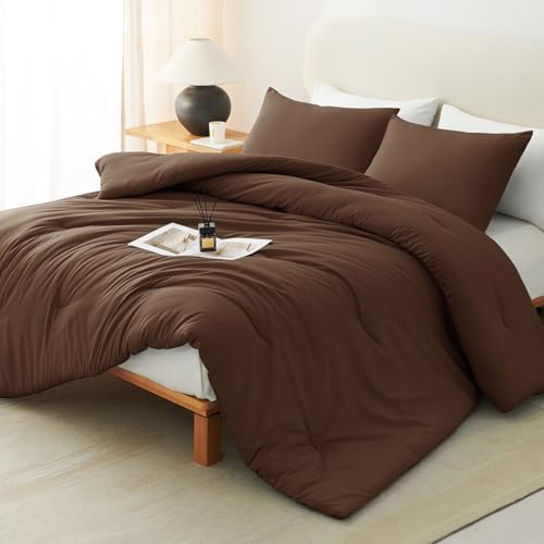 CozyLux Oversized Queen Comforter Set, 3 Pieces Brown Quilted Bedding