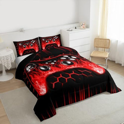 Erosebridal Ombre Art Honeycomb Game Consoles Comforter Set Red Neon Lights Gaming King Bedding Set Geometric Hexagon Beehive Duvet Set Gamer Room Decor for Boys