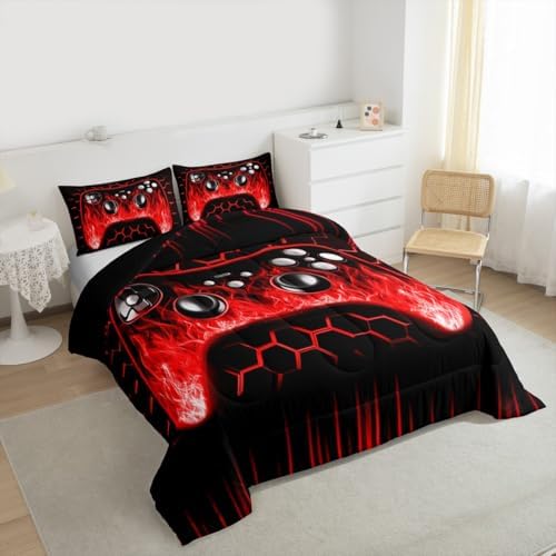 Erosebridal Ombre Art Honeycomb Gamer Bedding Set Red Neon Lights Game Console Toddler Bedding Sets for Boys Geometric Hexagon Beehive Down Comforter Gaming Decor for Boys Bedroom Decor