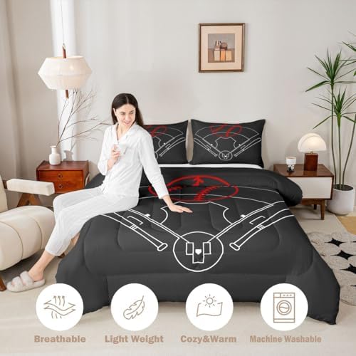 Baseball Field Print Bedding Comforters Queen Size,Boys Ball Sports Games Themed Comforter Set with 2 Pillowcases,Red Baseball Bat Sporting Equipment 3pcs Children Adult Polyester Duvet Set