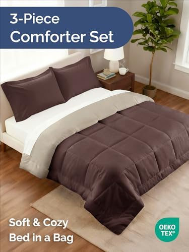 Queen Comforter Set - Brown/Beige Bedding for All Seasons - 3 Piece Bed Set