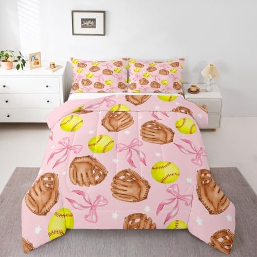 Cartoon Baseball Bedding Sets King Size,Pink Silk Bow Print Comforter Set 3Pcs for Teens Adult Woman Men Room Decor,Coquette Little Star Quilted Duvet Brown Baseball Glove Down Comforter,2 Pillowcases