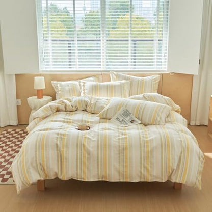 Mucalis Yellow Striped Duvet Cover King Duvet Cover 100% Washed Cotton Duvet Cover Set Colorful Striped Pattern Vintage 3 Piece Bedding Set with Zipper Closure Corner Ties, Breathable Comfortable