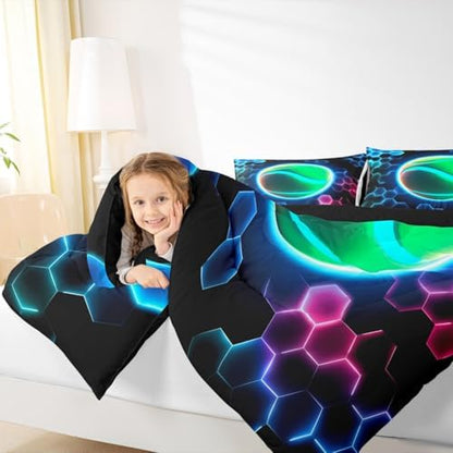 Erosebridal Tennis Kids Bedding | 3D Glitter Ball Pattern Full Comforter Sets,Colorful Neon Honeycomb Comforter Geometric Hexagon Duvet Insert with 2 Pillow Cases