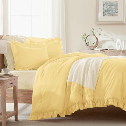 Andency Yellow Comforter Set Full Size, 3 Pcs Solid Ruffle Vintage Bedding