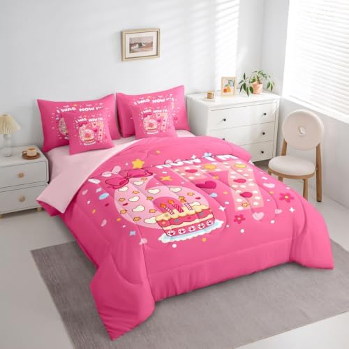 Erosebridal Pink 67 Bow Bedding Set 7 Piece Full Size for Girls Kawaii Love Heart Princess Comforter Set for Kids Teen Women,Six Seven Bed in A Bag with Sheets Cute Girly Bed Sets