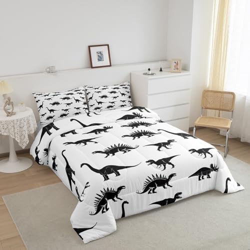 Erosebridal Dinosaur Down Comforter Dino Silhouettes Bedding Set King Size, Wildlife Animals Black White Comforter Sets for Kids Boys Teens Adult Bedroom, Dinosaurs Comforter with 2 Pillow Cases