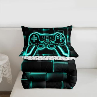 Feelyou Kids Gamer Comforter Set Queen Size Teal Blue and Black Bedding Set for Boys Teens Decor Gaming Ombre Comforter Geometric Square Duvet Set 3Pcs