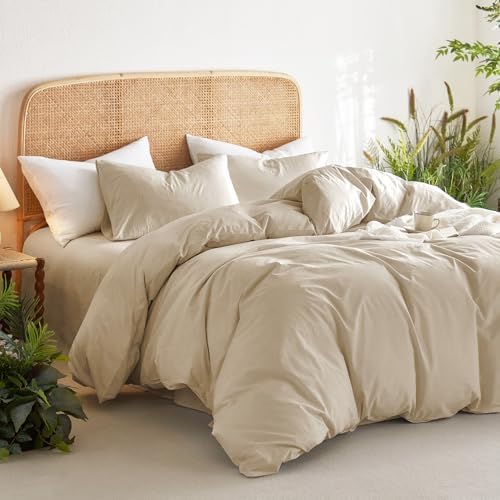 Wake In Cloud - Cotton Duvet Cover Set, 100% Washed Cotton, Linen Like Textured, Breathable Durable Comfy Farmhouse Neutral Bedding Set, 3 Pieces, Khaki Linen, Twin/Twin XL Size