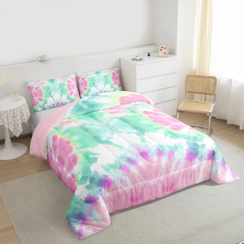 Erosebridal Kids Tie Dye Comforter Set, Bohemian Psychedelic Duvet Sets Twin Size for Girls Boys Teens Women Bedroom, Boho Gypsy Spiral Bedding Set Watercolor Trippy Duvet Insert, Pink Teal Blue