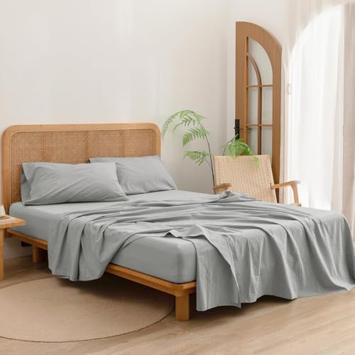 BESTOUCH Full Washed Cotton Linen Feel Sheet Set 4 Pcs Solid Light Grey