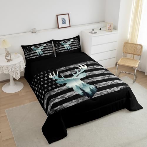 Feelyou Queen Camo Deer Hunting Bedding Set for Kids with 2 Pillow Cases, Forest Smoky American Flag Duvet