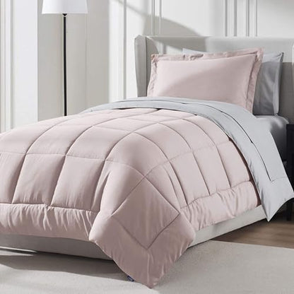 Nestl 7 Piece Twin Comforter Set – Blush Pink Reversible Bed in a Bag – Complete Twin Size Bedding Set with Sheets, Set of 2 Down Alternative Pillows, Pillowcase and Sham