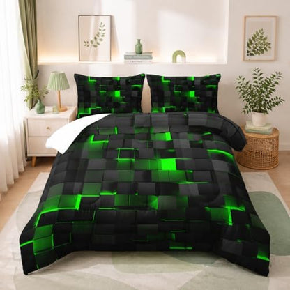 Nttopship Geometric Green Black Comforter Set,Light Honeycomb 3 Piece Bedding Set Full Size for Teen Boys,Modern Quilt Set Geometry Decor,Microfiber Lightweight 1 Comforter 2 Pillowcases All Season