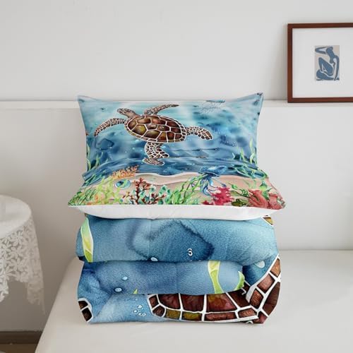 Sea Turtle Comforter Set Twin Size Ocean Themed Bedding for Boys Ghirls Marine Animals Bedding Comforter Sets Sea Horse Octopus Jellyfish Print Duvet Insert 2 Pcs Seaweed Decor Turtle Quilt