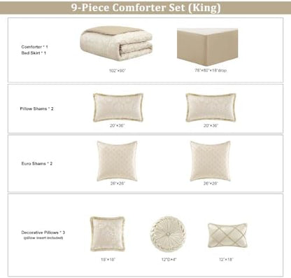 Loom and Mill 9-Piece Elegant Damask Comforter Set, Beige White, King