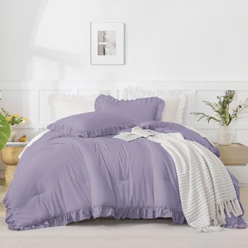 Andency Purple King Size Comforter Set, 3 Pieces Solid Farmhouse Bedding