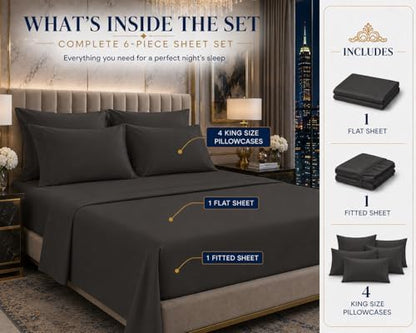 100% Egyptian Cotton King Size Sheets Set, 6-Pc King Bed Sheets, Dark Gray