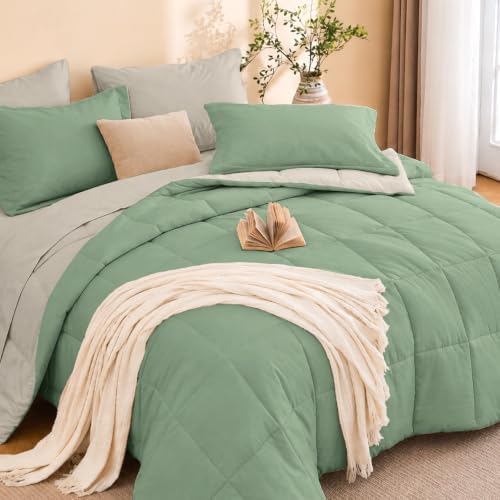 Queen Comforter Set with Sheets - 7 Pieces Bed in a Bag Green Bedding Sets