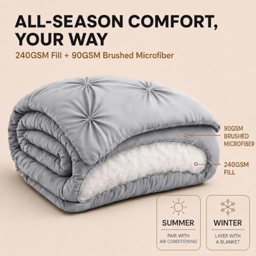 HIMEET King Size Comforter Set Light Grey - 7 Pieces Pintuck Bed in a Bag