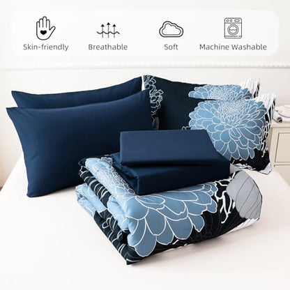 Yiran Navy Blue Bed in a Bag Comforter Set Queen 7 Pieces Floral Bedding Set for Bed,Soft Microfiber Flowers Comforter with 1 Flat Sheet 1 Fitted Sheet 2 Pillowshams