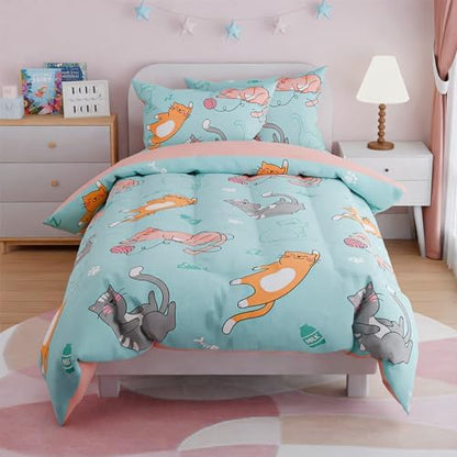 SANDJEST Cat Comforter Set Full for Girls, Ultra Soft Microfiber Bedding Sets with 4-Pieces, Cats Comforters Bed Sets for Kids Children Girl Bedroom Decor
